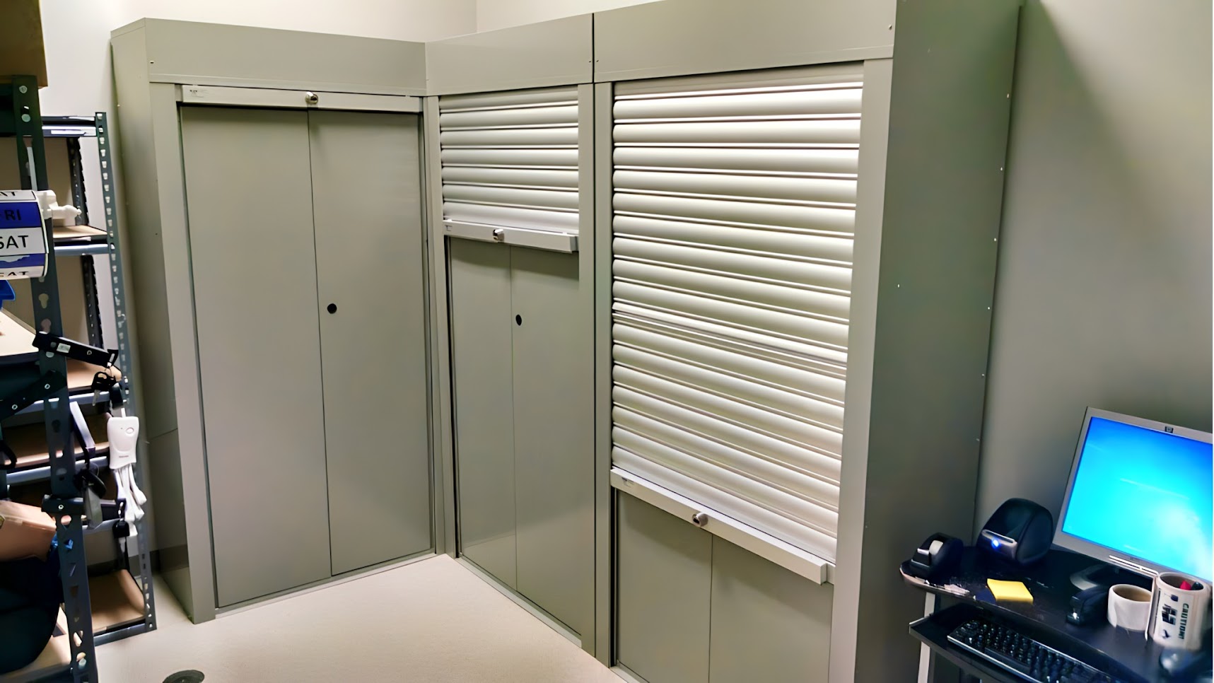 several steel security cabinets protect inventory in a back room for a commercial business.