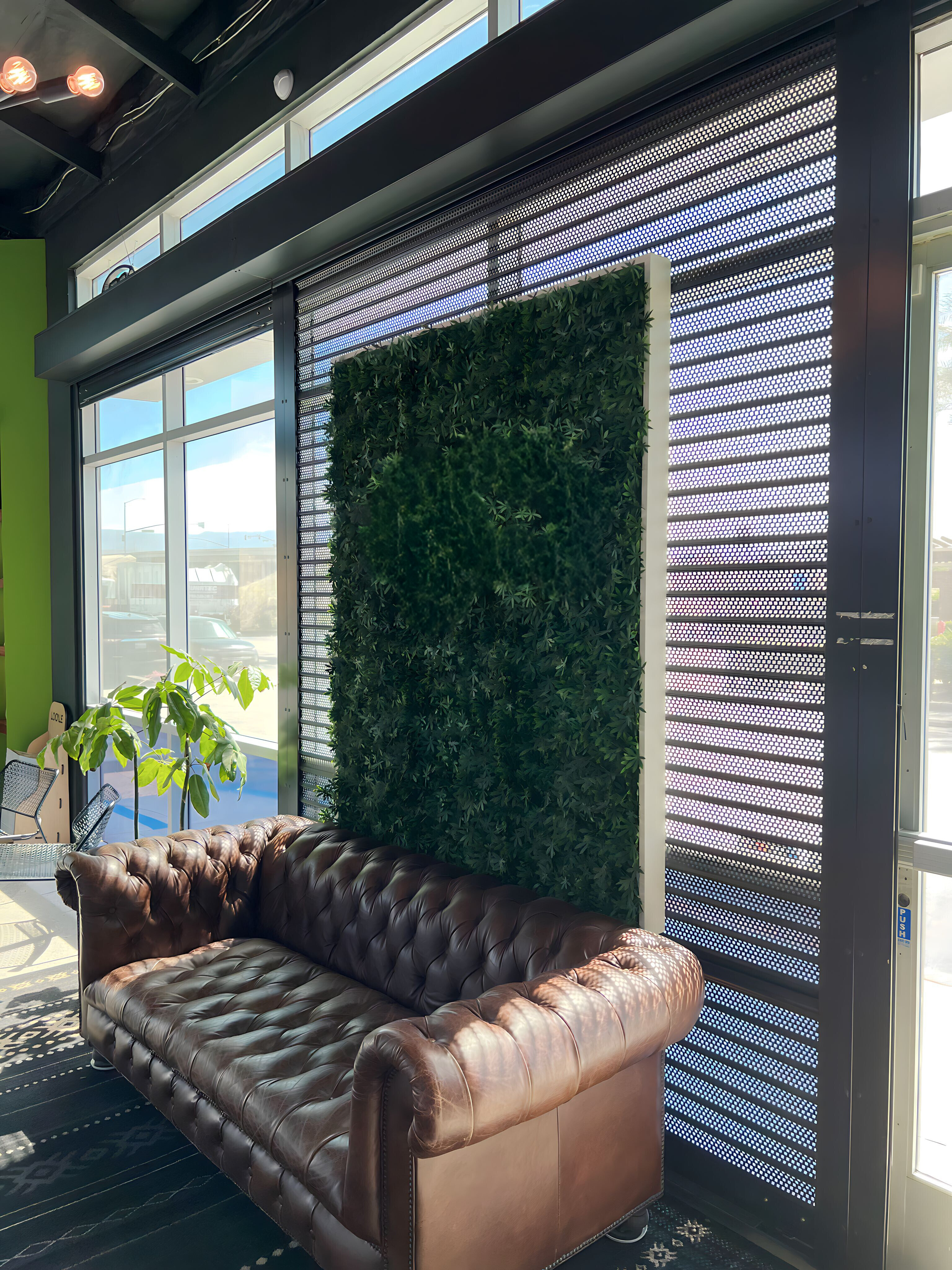 perforated security shutters protect a cannabis dispensary storefront