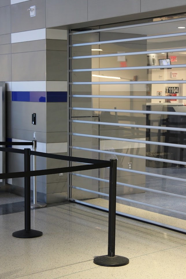 a clear polycarbonate shutter protecting an airport in Philadelphia, PA